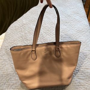 Kate Spade pink leather large tote, shoulder bag, black white striped interior